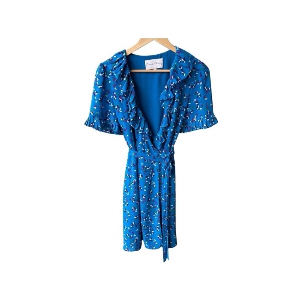 Charles Henry Wrap Mini Dress Blue Floral Ruffle Short Sleeve Party Size Medium